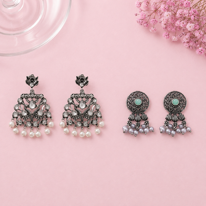 Peacock glow stone studded dangler & Button rays stud earring Combo set