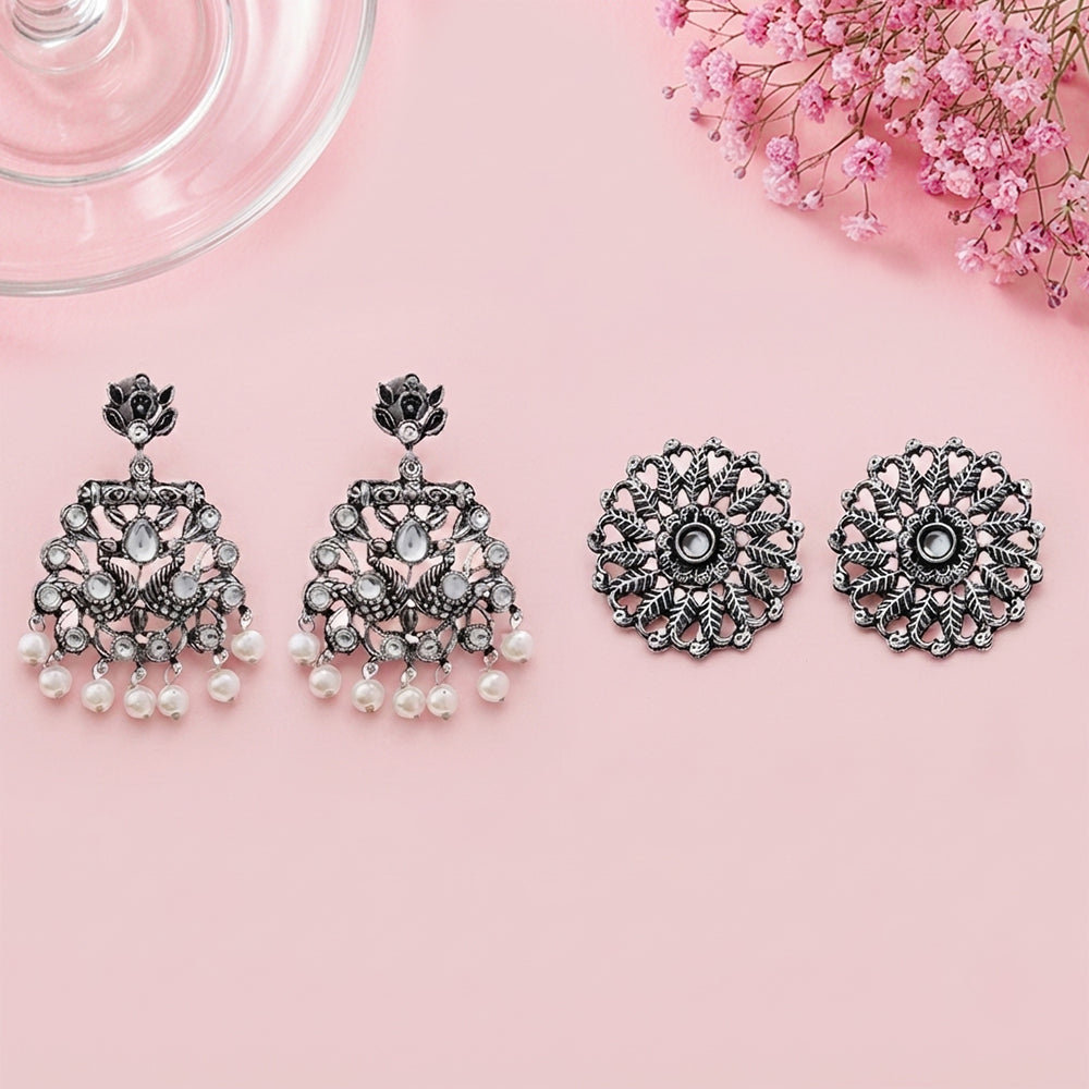 Peacock glow stone studded dangler & Wildflower oxidised stud Combo set