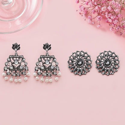 Peacock glow stone studded dangler & Wildflower oxidised stud Combo set