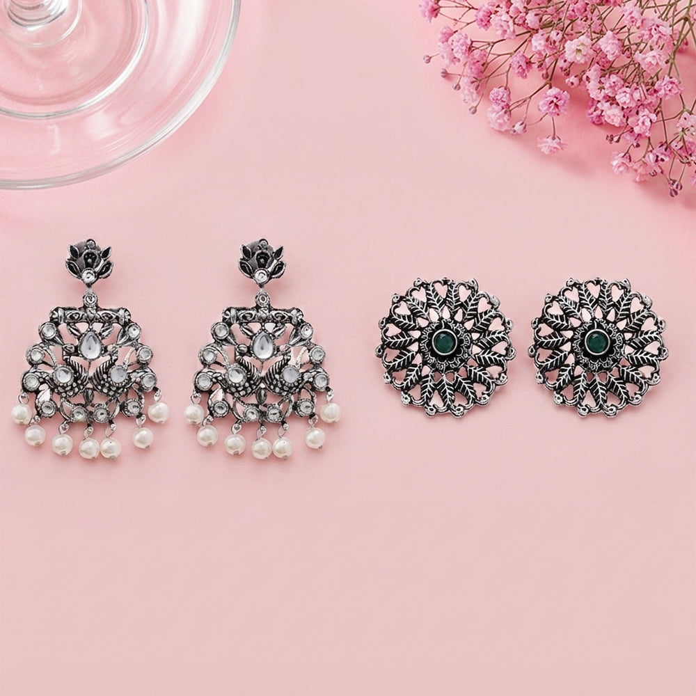 Peacock glow stone studded dangler & Wildflower oxidised stud Combo set