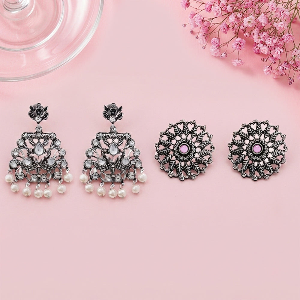 Peacock glow stone studded dangler & Wildflower oxidised stud Combo set