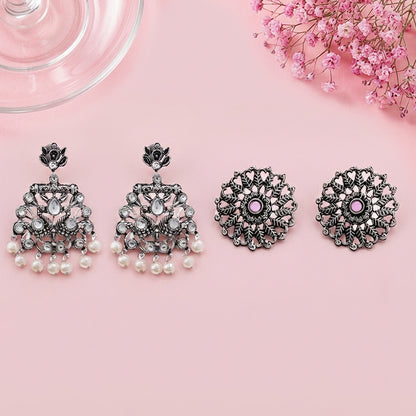 Peacock glow stone studded dangler & Wildflower oxidised stud Combo set