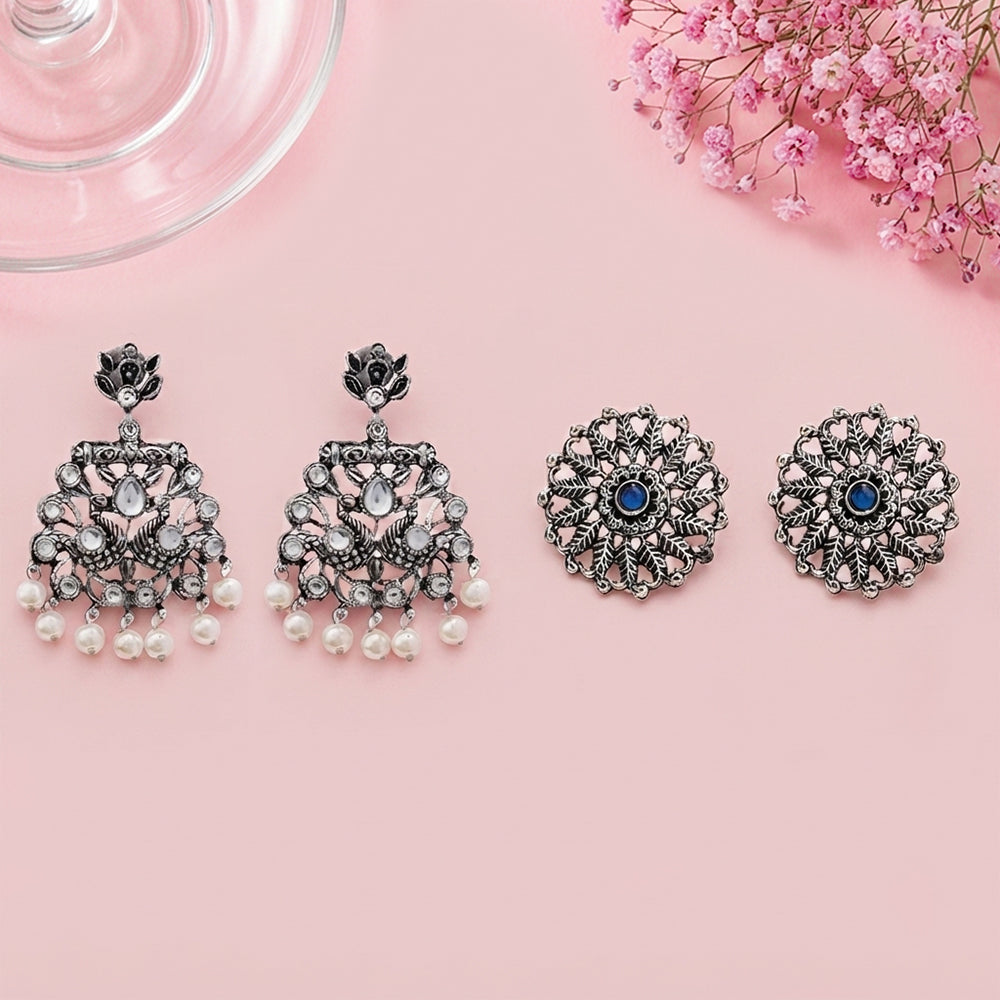 Peacock glow stone studded dangler & Wildflower oxidised stud Combo set