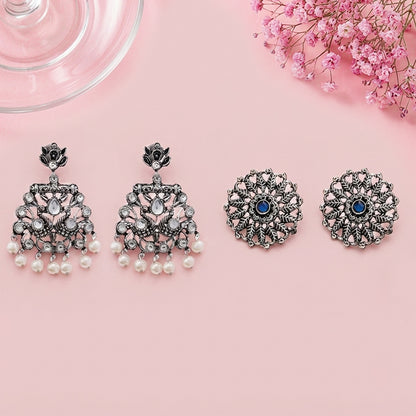 Peacock glow stone studded dangler & Wildflower oxidised stud Combo set