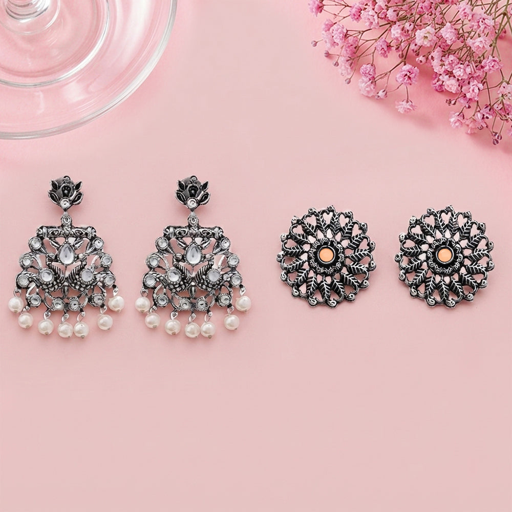 Peacock glow stone studded dangler & Wildflower oxidised stud Combo set