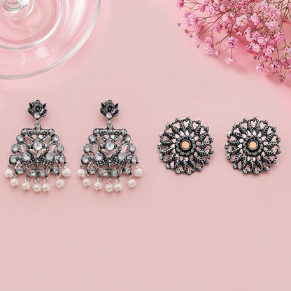 Peacock glow stone studded dangler & Wildflower oxidised stud Combo set