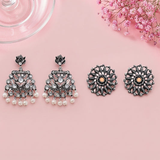 Peacock glow stone studded dangler & Wildflower oxidised stud Combo set