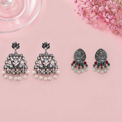 Peacock glow stone studded dangler & Zari carving drop stud earring Combo set