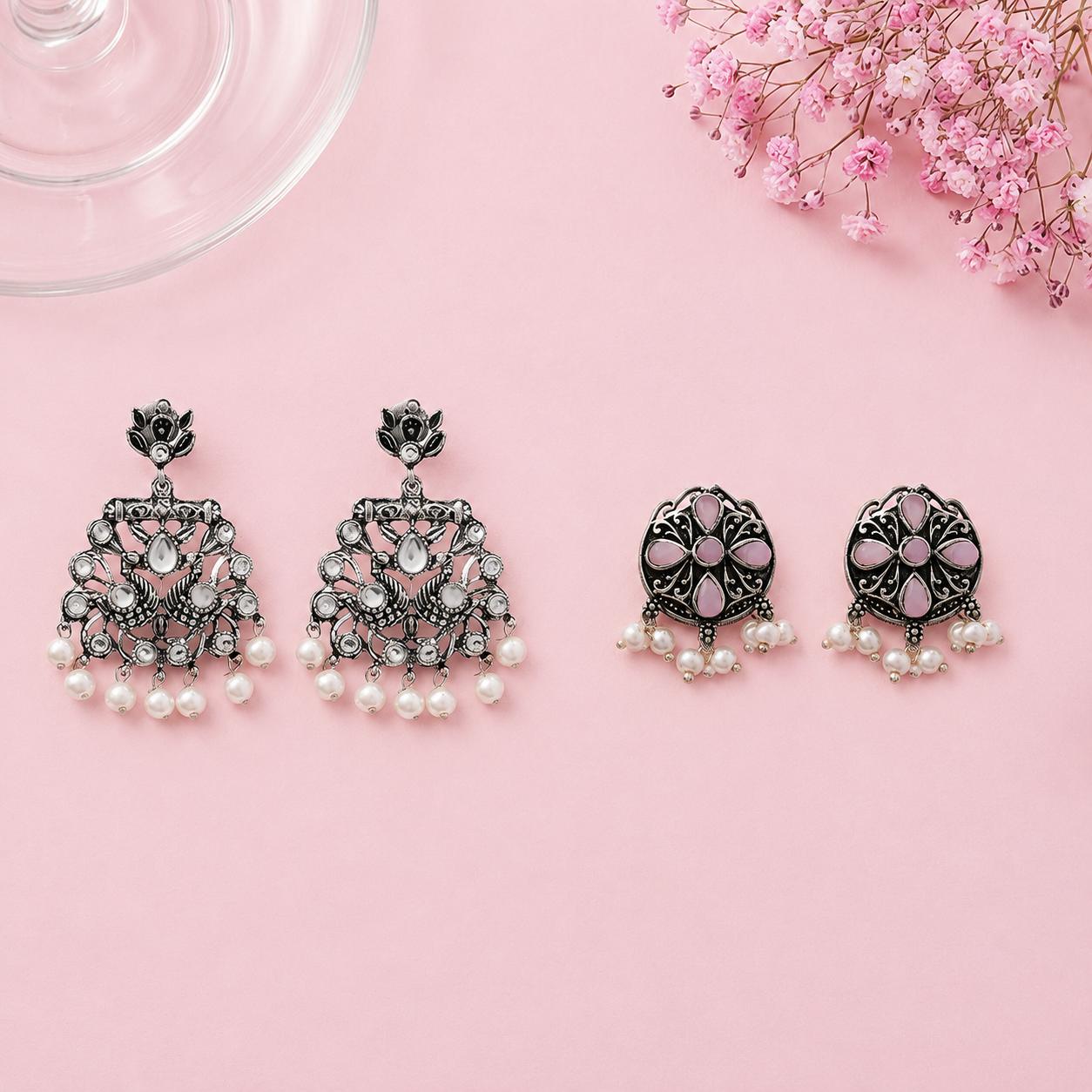 Peacock glow stone studded dangler earrings & Gem Globe stud earrings Combo set