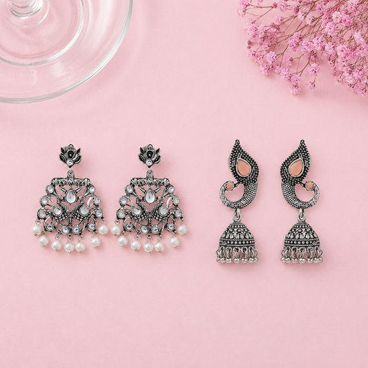 Peacock glow stone studded dangler & Paisley Swirl Ghungroo jhumki Combo set