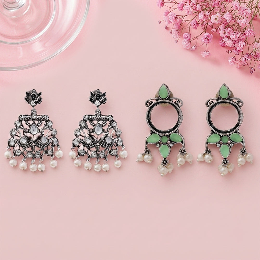 Peacock glow stone studded dangler earrings & Loop dot stud earrings Combo set