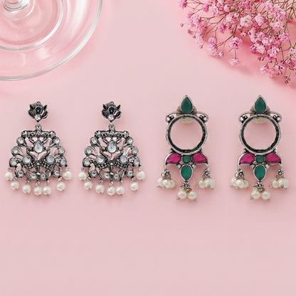 Peacock glow stone studded dangler earrings & Loop dot stud earrings Combo set