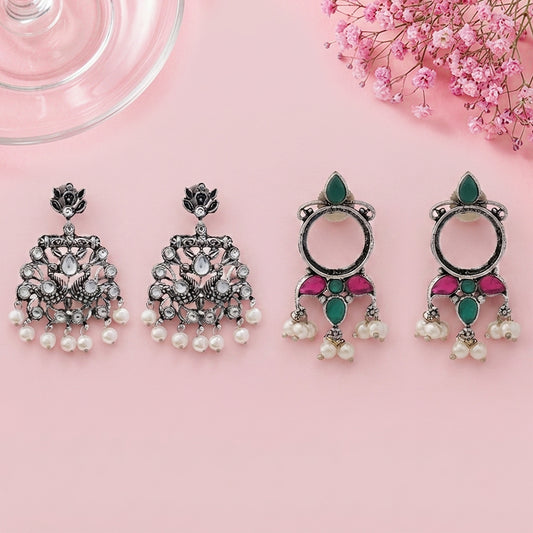 Peacock glow stone studded dangler earrings & Loop dot stud earrings Combo set