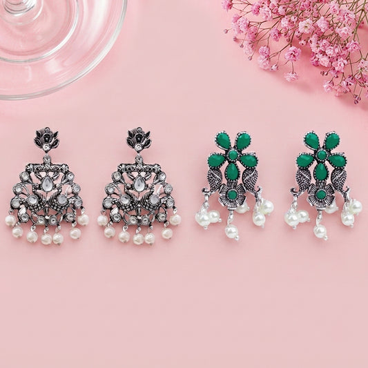 Peacock glow stone studded dangler & Floral Drop stud Combo set