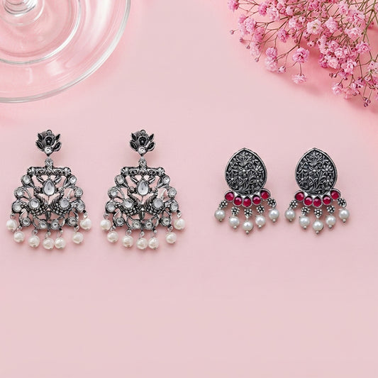 Peacock glow stone studded dangler & Zari carving drop stud earring Combo set