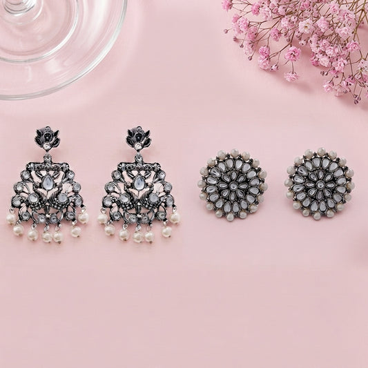 Peacock glow stone studded dangler earrings & Desi Diva stud earring Combo set