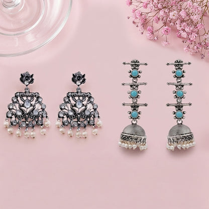 Peacock glow stone studded dangler & Royal Triple Bell Layered Jhumka Combo set