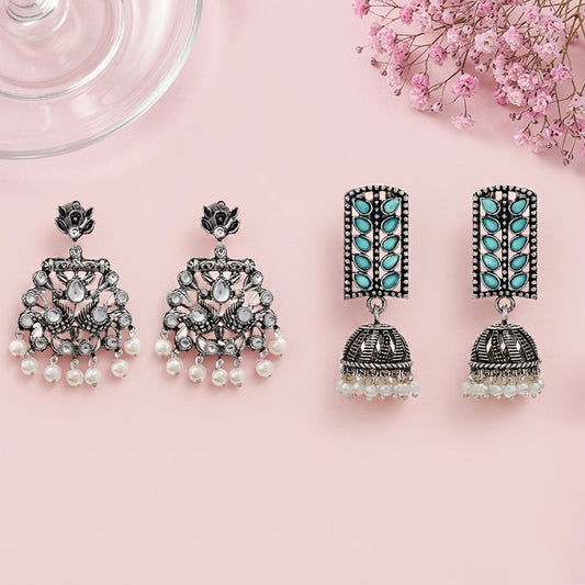Peacock glow stone studded dangler & Regal leaffall stone studded jhumki set
