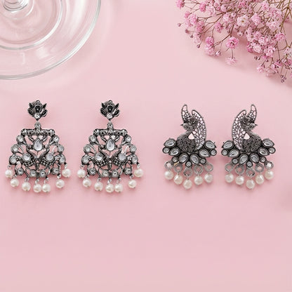 Peacock glow stone studded dangler & Peacock pearls studds Combo set