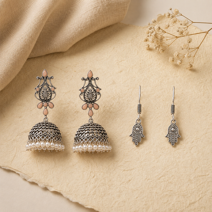 Kalash Kamal earring  Evil Eye guard dangler earrings (Silver) Combo set