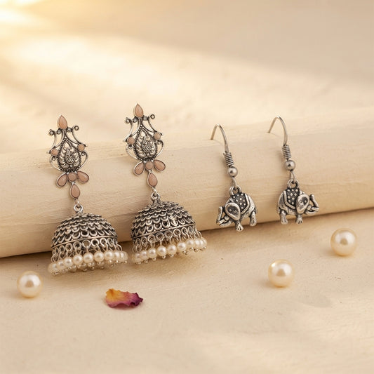 Kalash Kamal earring  Trunk Tales dangler earrings (Silver) Combo set