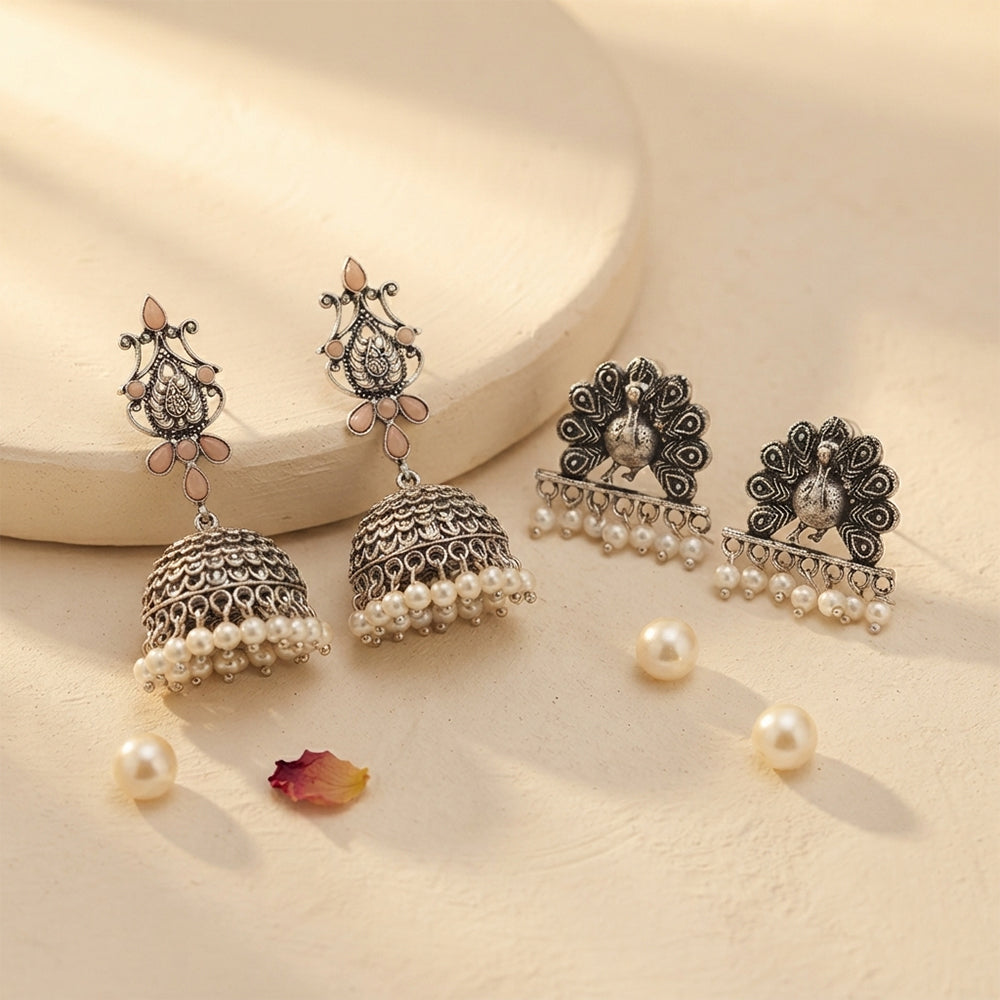 Kalash Kamal earring  Meena Manjari stone stud earrings (Silver) Combo set