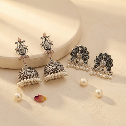 Kalash Kamal earring  Meena Manjari stone stud earrings (Silver) Combo set