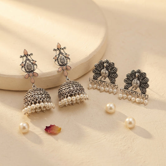 Kalash Kamal earring  Meena Manjari stone stud earrings (Silver) Combo set