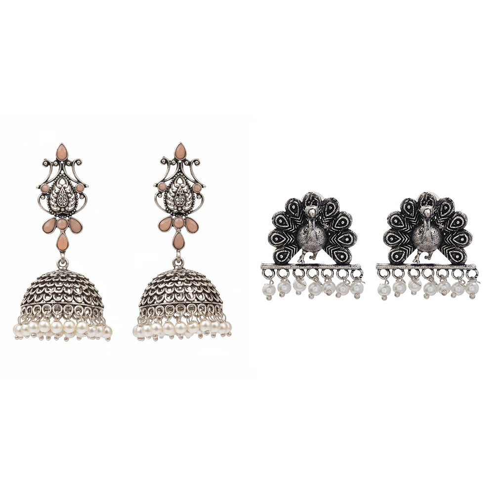 Kalash Kamal earring  Meena Manjari stone stud earrings (Silver) Combo set