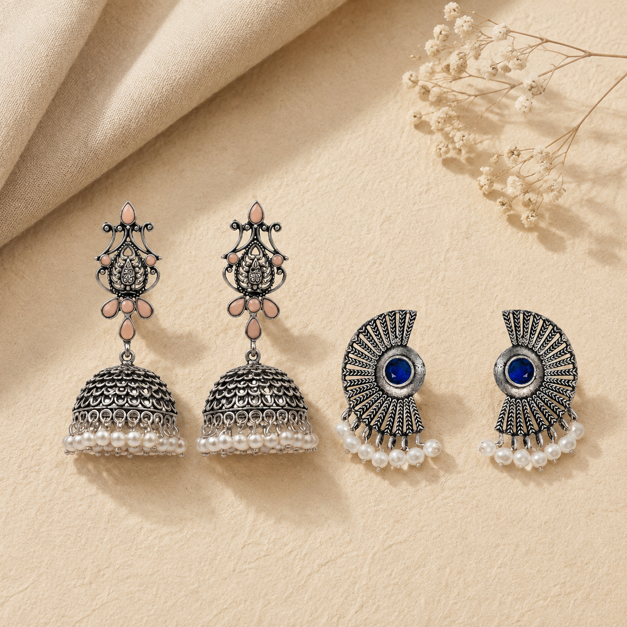 Kalash Kamal earring  Bloom Arc pearl stud earring (Blue) Combo set