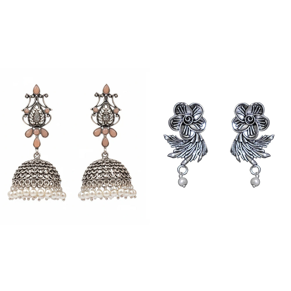 Kalash Kamal earring  Floral Swirl stud earrings (Silver) Combo set