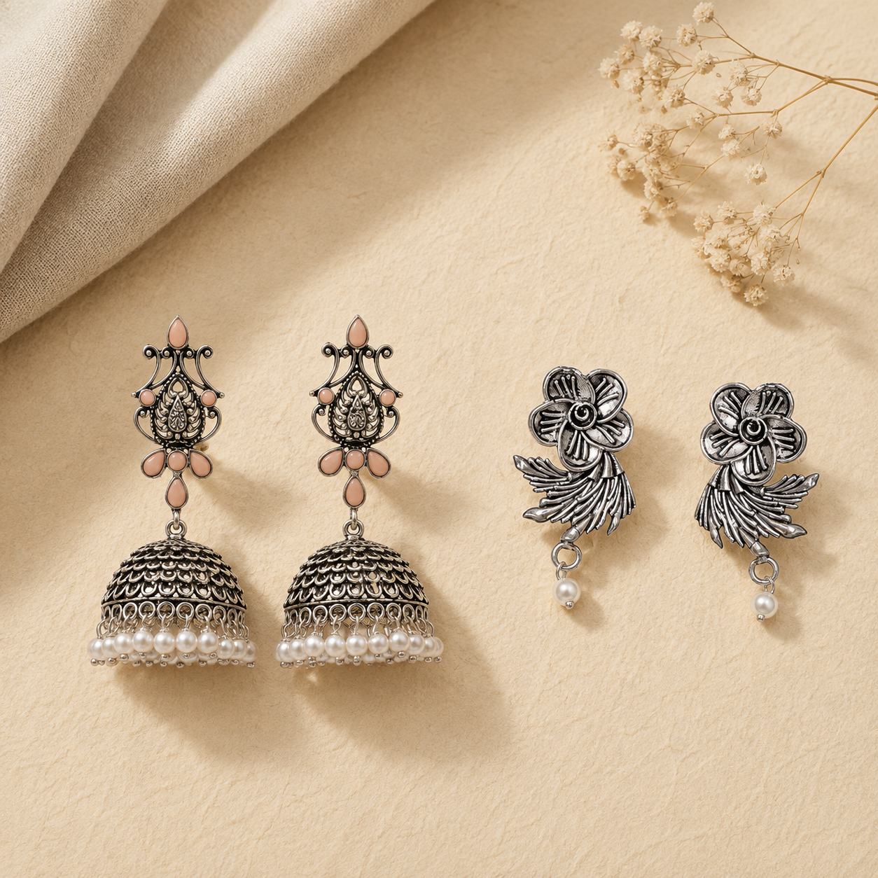 Kalash Kamal earring  Floral Swirl stud earrings (Silver) Combo set