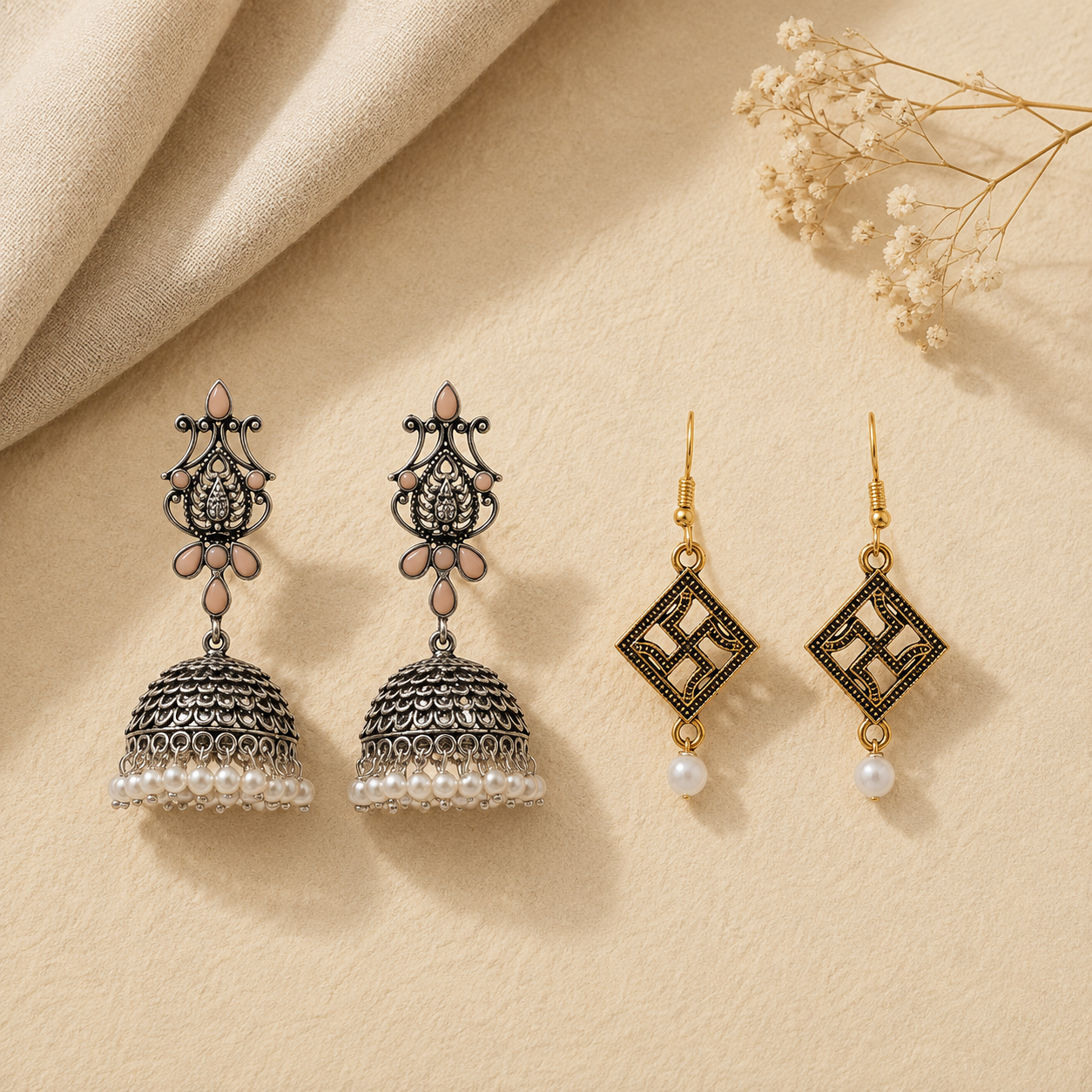 Kalash Kamal earring (Light Orange) Swastik shaped dangler earrings Combo set