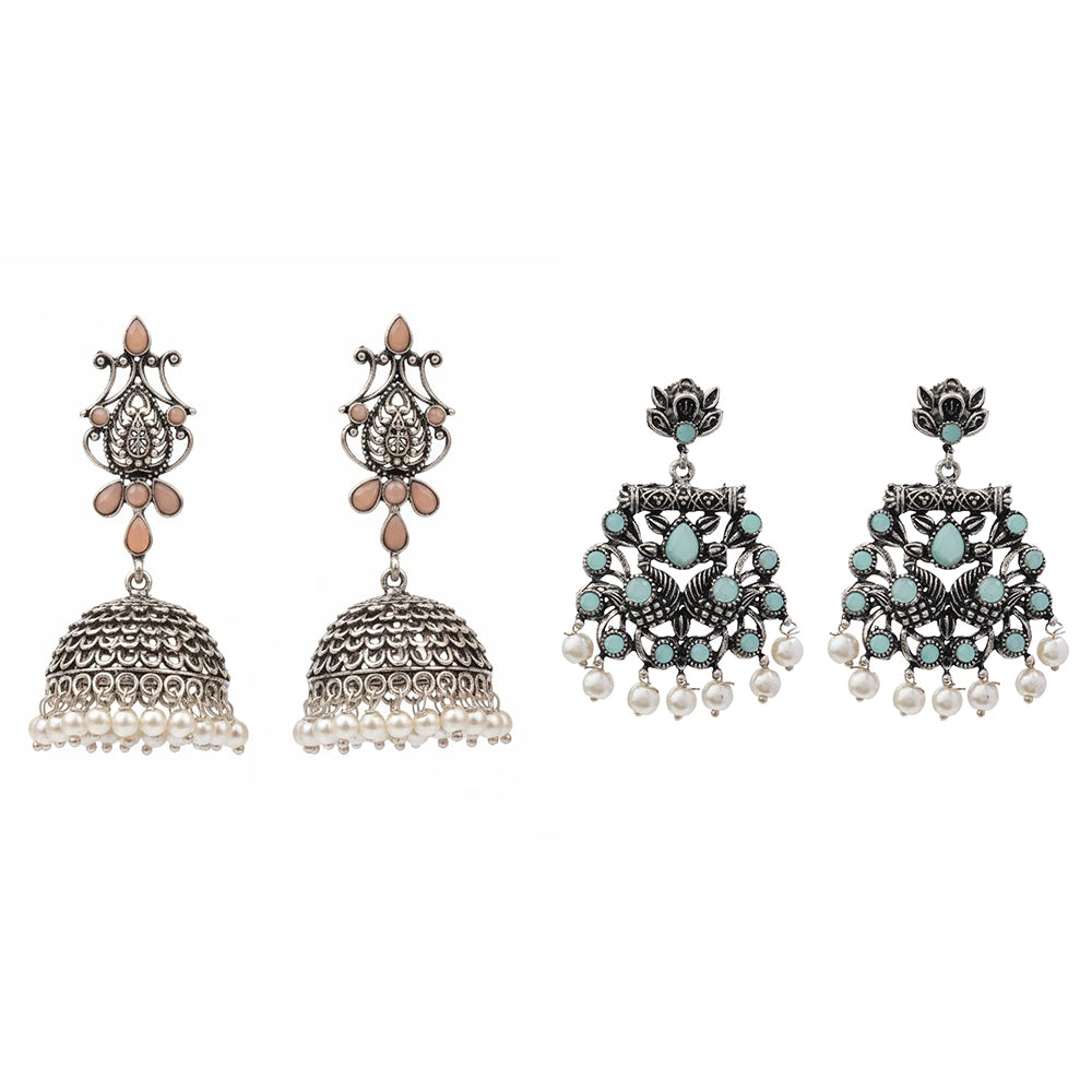 Kalash Kamal earring  Peacock glow stone studded dangler earrings (Mint) Combo
