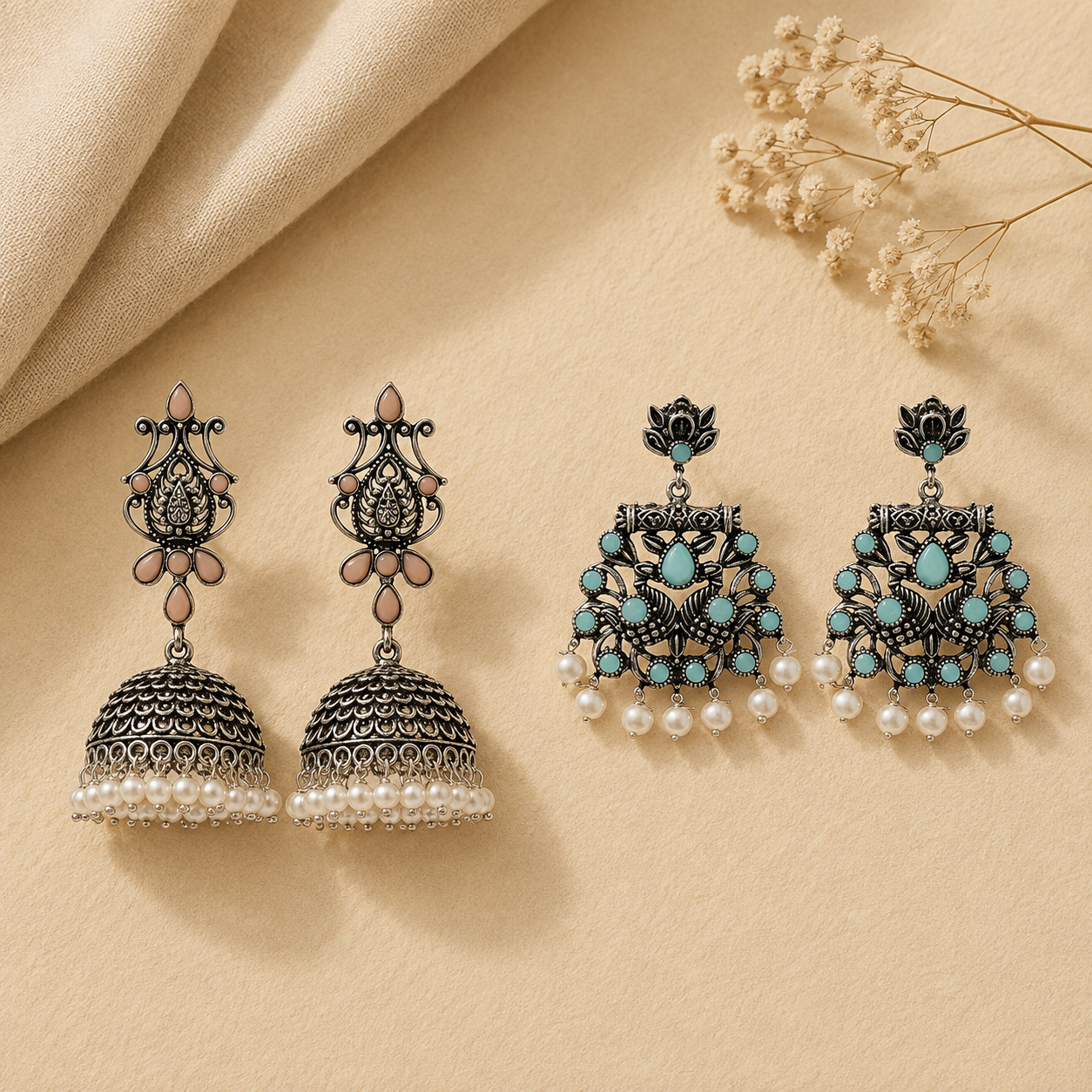 Kalash Kamal earring  Peacock glow stone studded dangler earrings (Mint) Combo
