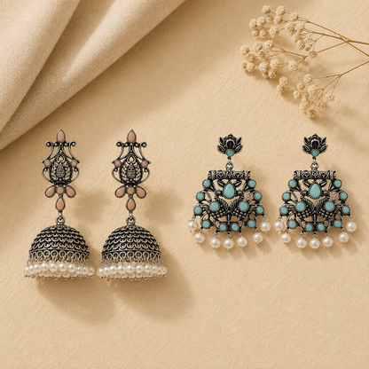 Kalash Kamal earring  Peacock glow stone studded dangler earrings (Mint) Combo