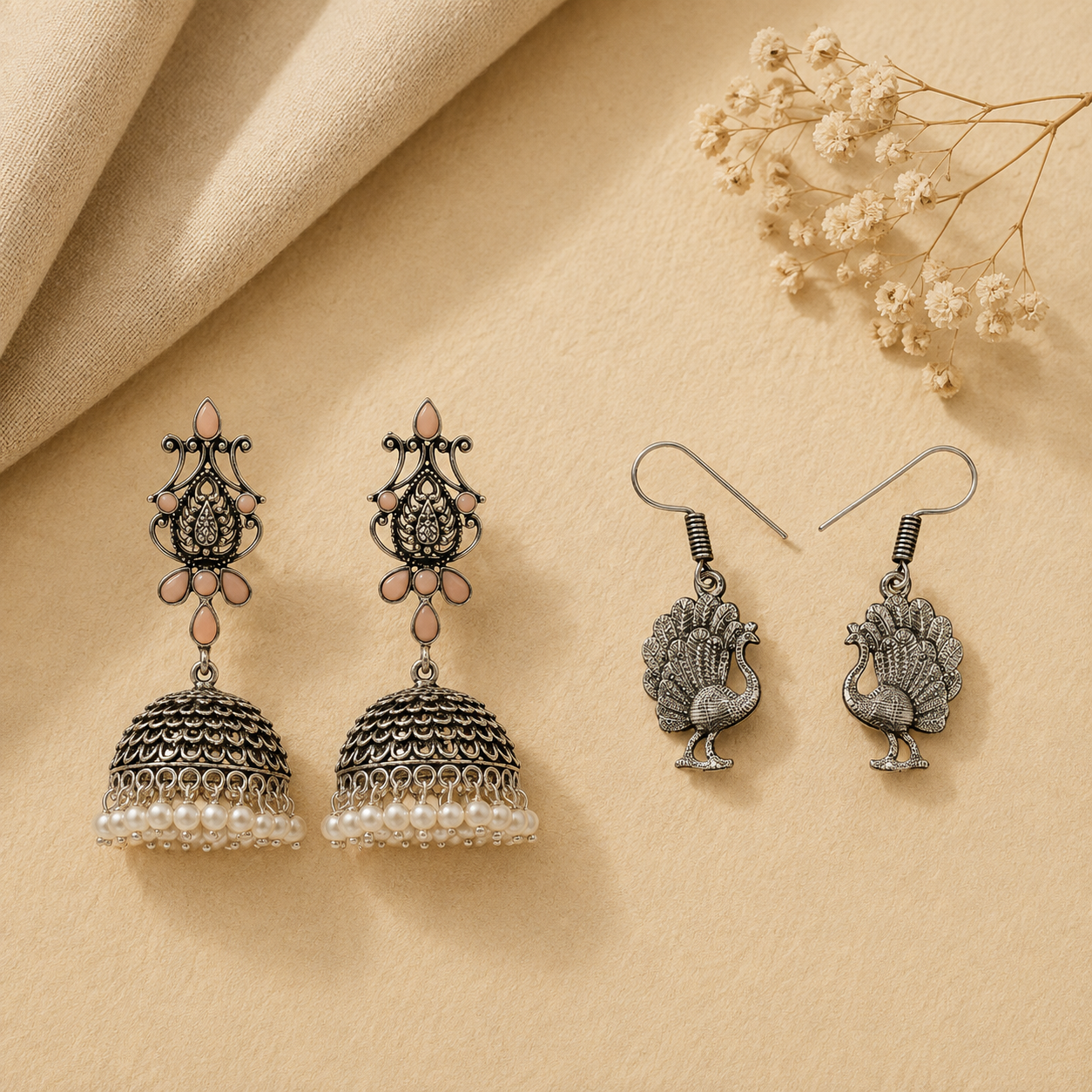 Kalash Kamal earring  Peacock royale dangler earrings (Silver) Combo set