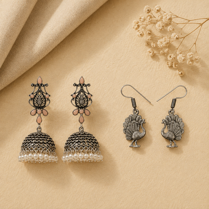 Kalash Kamal earring  Peacock royale dangler earrings (Silver) Combo set