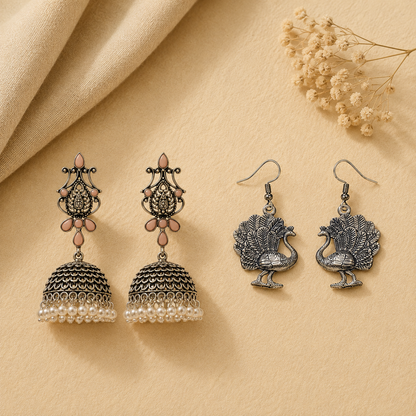 Kalash Kamal earring  Morni jhumki dangler earrings (Silver) Combo set