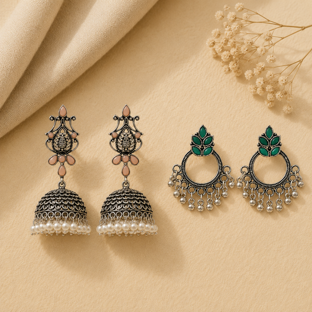 Kalash Kamal earring (Light Orange) Fine Shine stud earrings (Green) Combo set