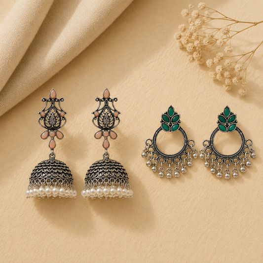 Kalash Kamal earring (Light Orange) Fine Shine stud earrings (Green) Combo set