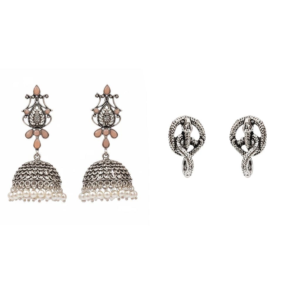 Kalash Kamal earring  Swirly snake oxidised stud earrings (Silver) Combo set