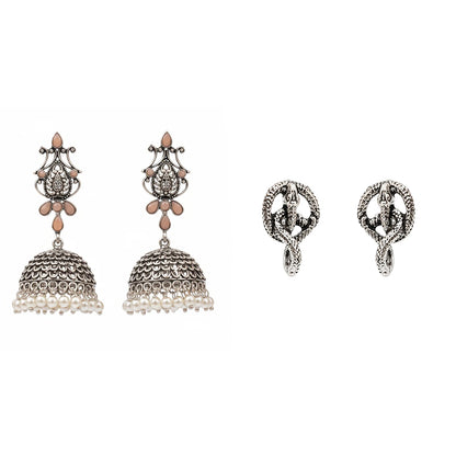 Kalash Kamal earring  Swirly snake oxidised stud earrings (Silver) Combo set