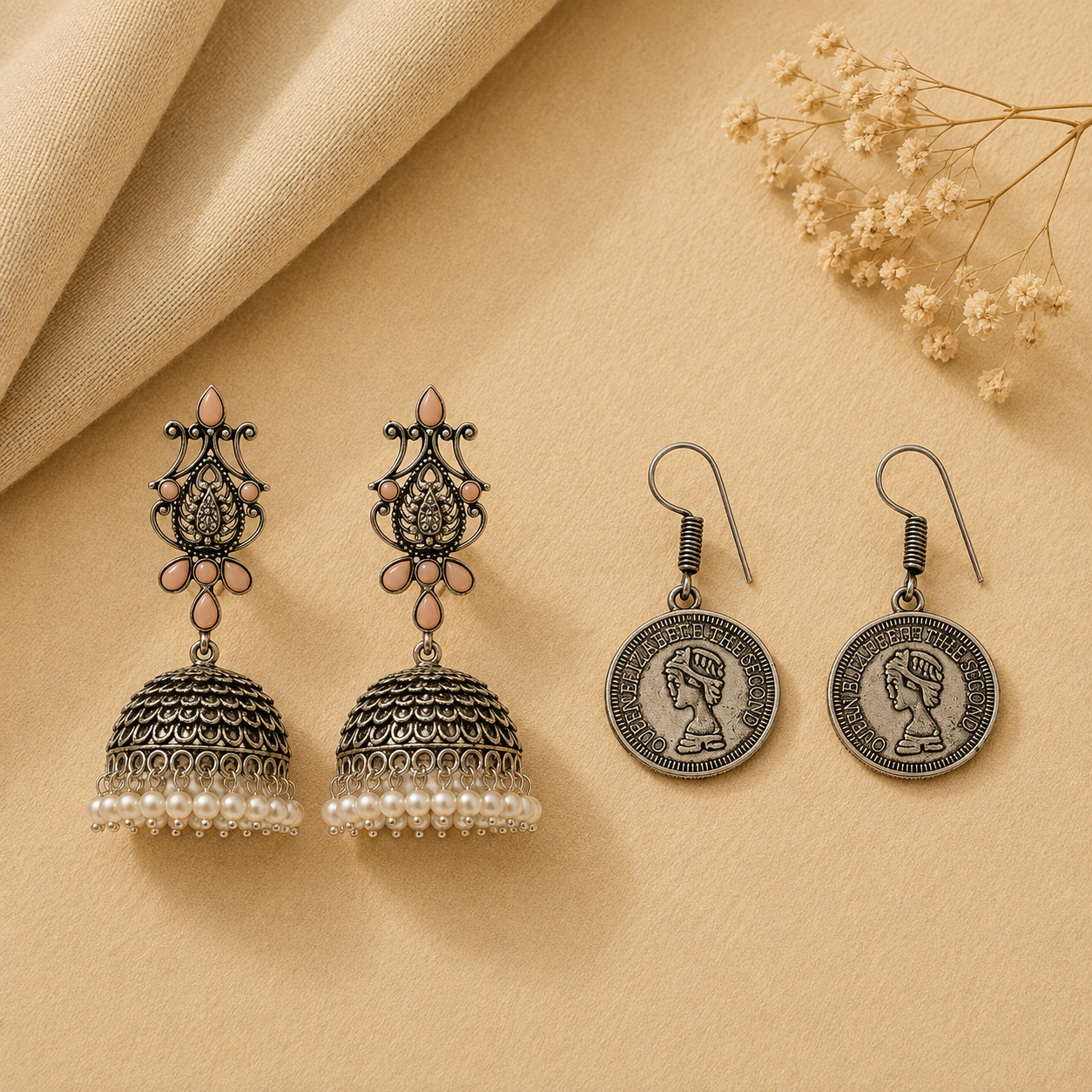 Kalash Kamal earring  Crown Jewel dangler earrings (Silver) Combo set