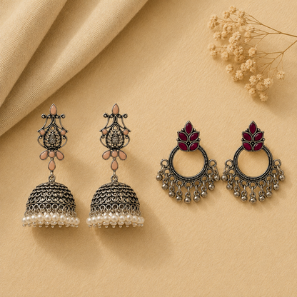 Kalash Kamal earring (Light Orange) Fine Shine stud earrings (Red) Combo set