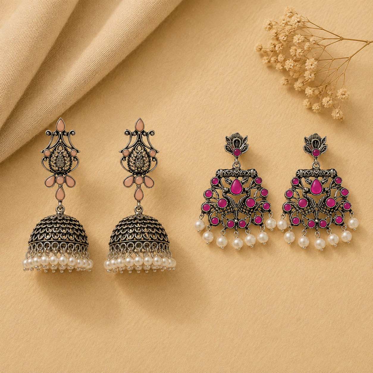 Kalash Kamal earring  Peacock glow stone studded dangler earrings (Red) Combo