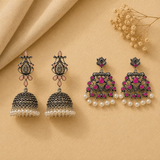 Kalash Kamal earring  Peacock glow stone studded dangler earrings (Red) Combo