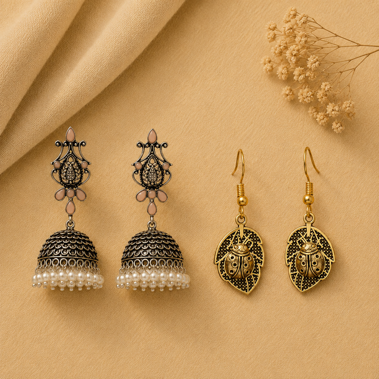 Kalash Kamal earring (Light Orange) Beetle bling dangler earrings Combo set