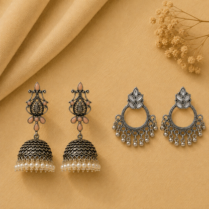 Kalash Kamal earring (Light Orange) Fine Shine stud earrings (White) Combo set