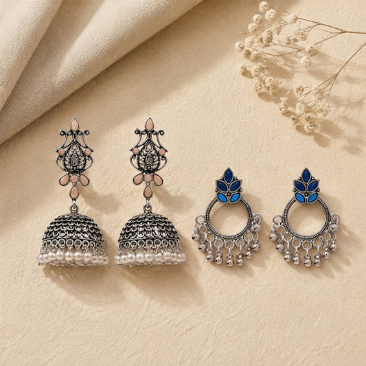 Kalash Kamal earring (Light Orange) Fine Shine stud earrings (Blue) Combo set
